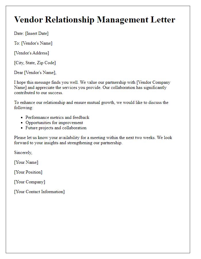 Letter template of vendor relationship management