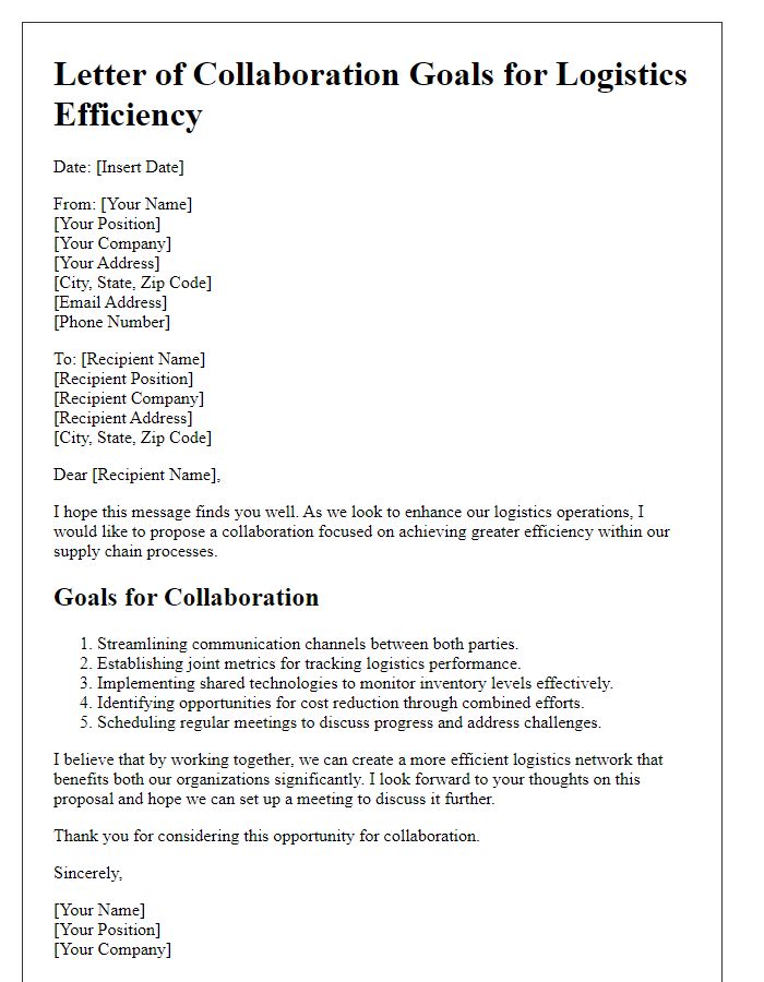 Letter template of collaboration goals for logistics efficiency