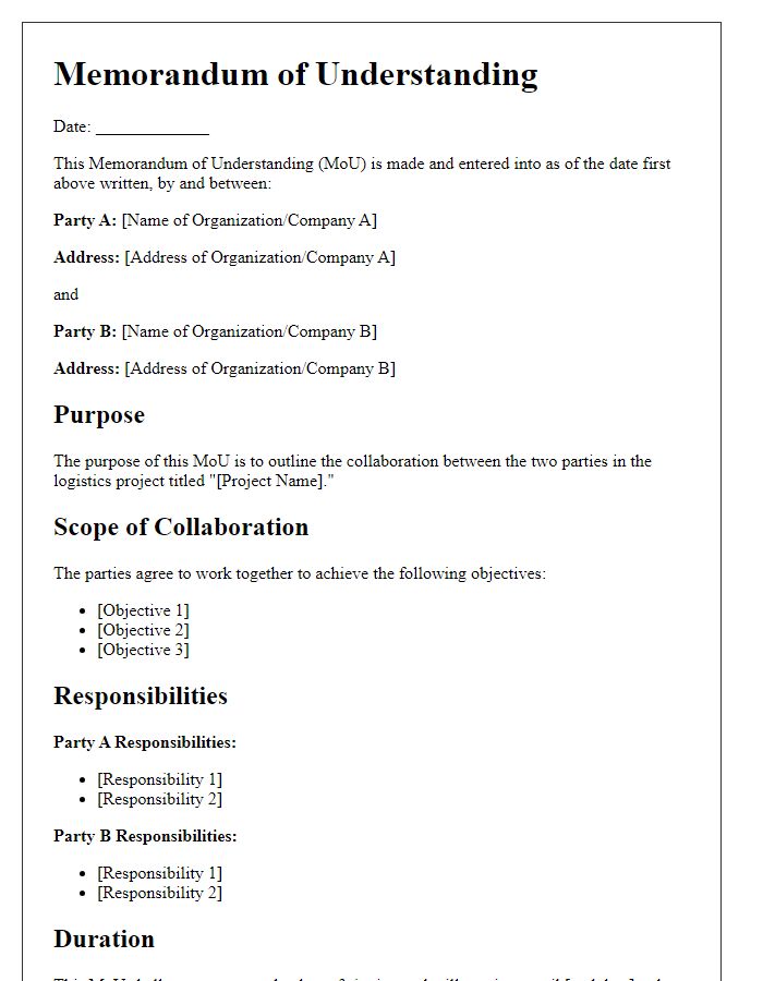 Letter template of logistics project memorandum of understanding