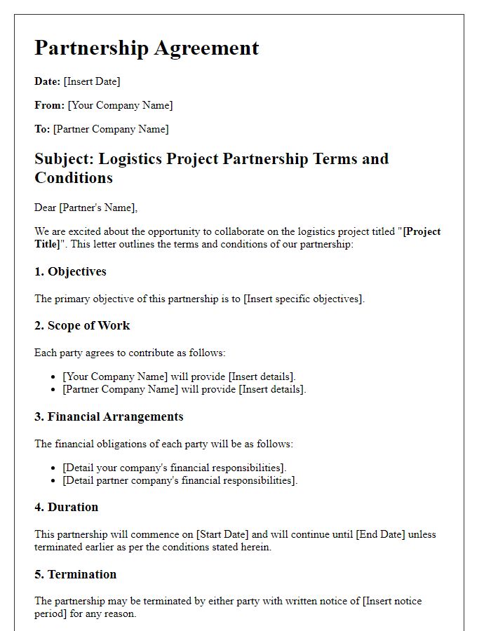 Letter template of logistics project partnership terms and conditions