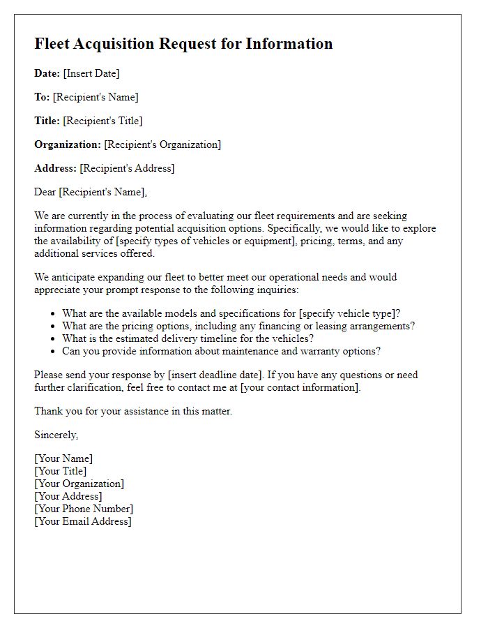 Letter template of fleet acquisition request for information