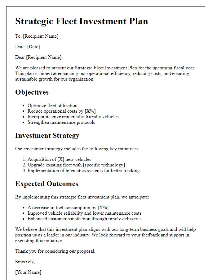 Letter template of strategic fleet investment plan