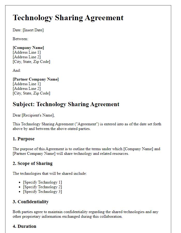 Letter template of technology sharing agreement