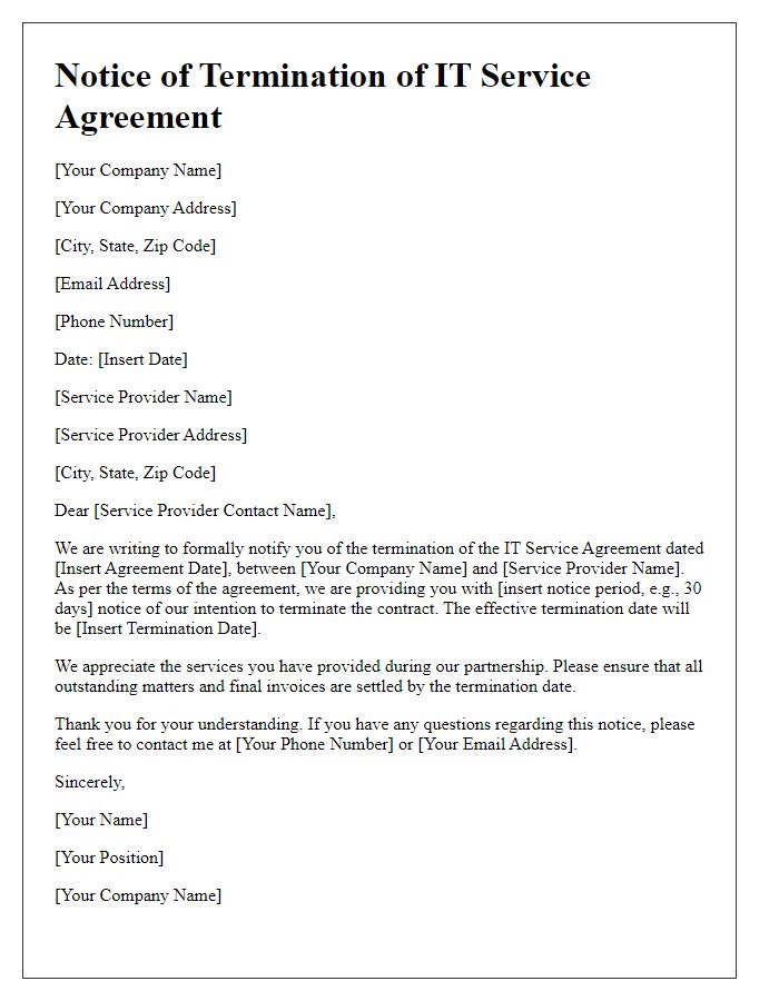 Letter template of IT service agreement termination notice