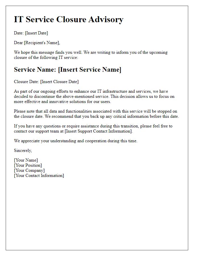 Letter template of IT service closure advisory