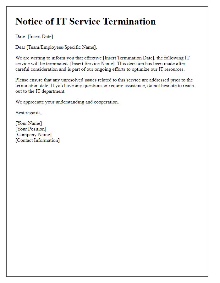 Letter template of IT service termination announcement