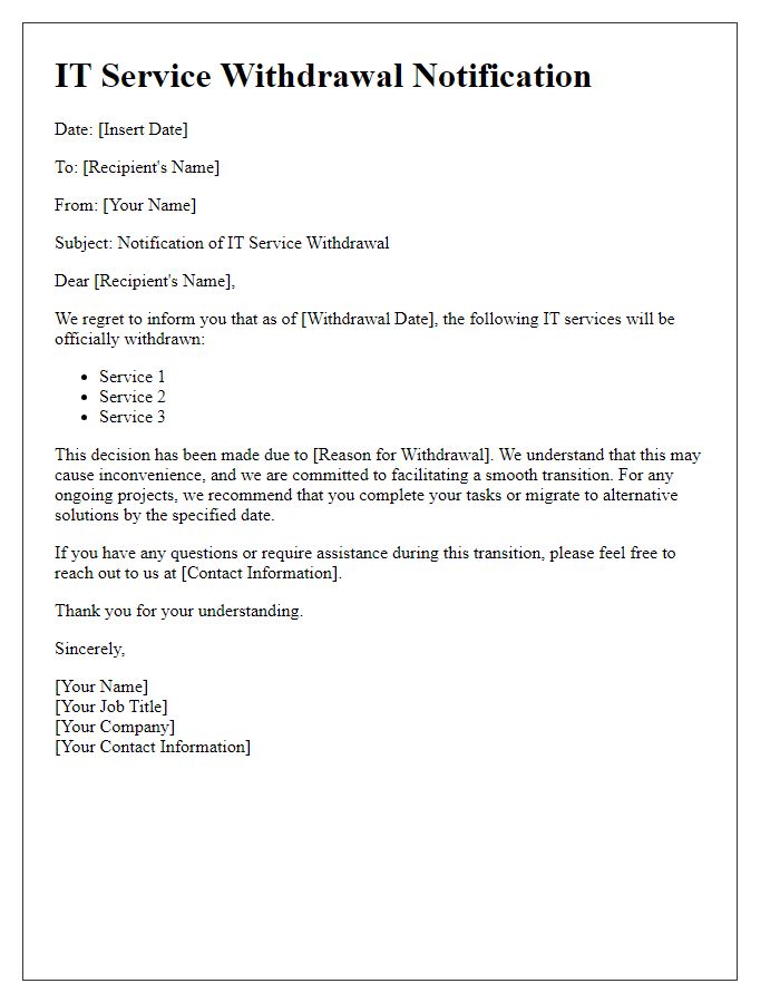 Letter template of IT service withdrawal notification