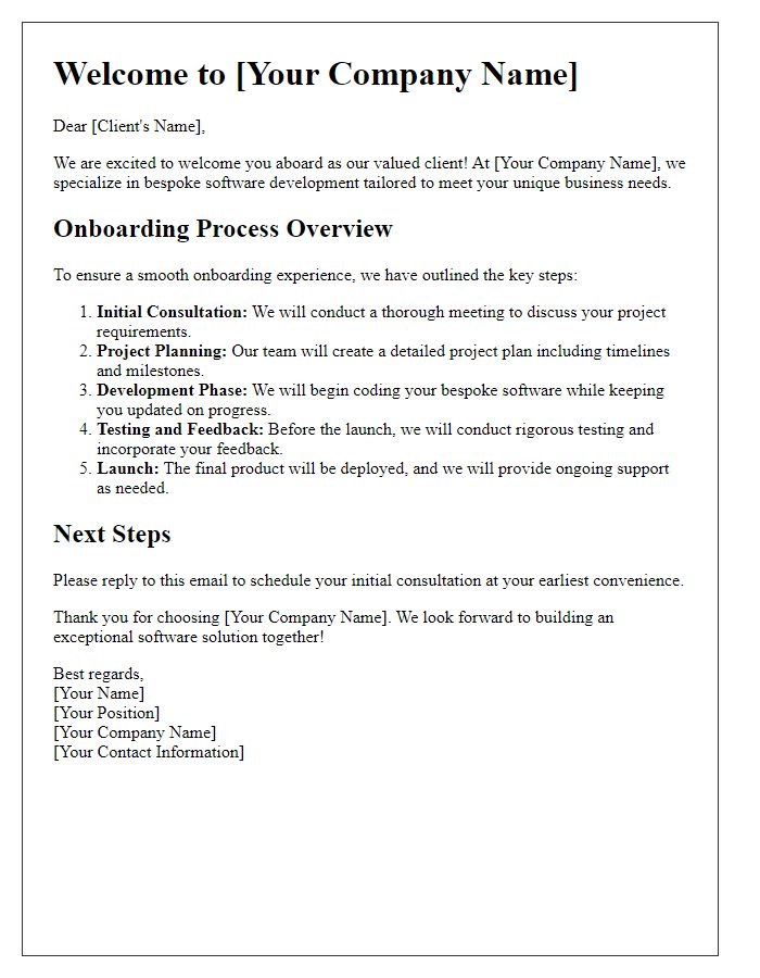 Letter template of bespoke software development for client onboarding