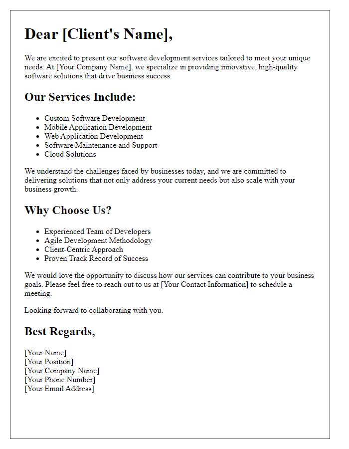 Letter template of software development services for new clients