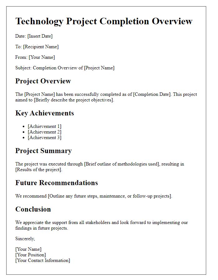 Letter template of completed technology project overview.