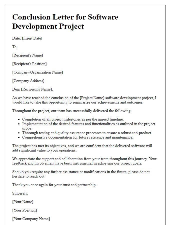 Letter template of conclusion for software development project.