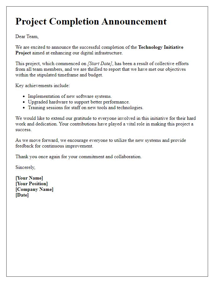 Letter template of project completion announcement for technology initiative.