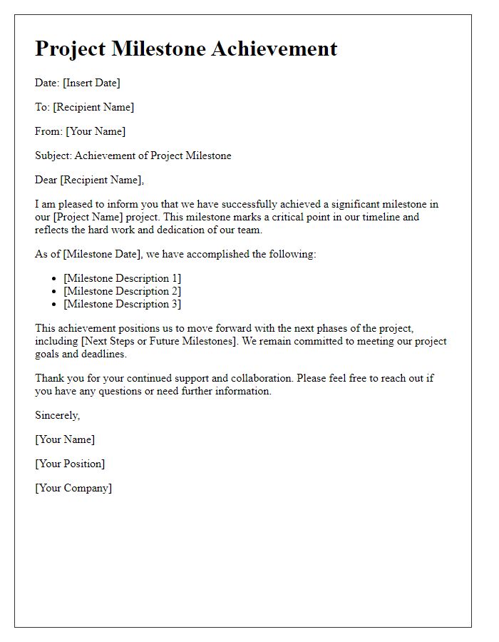 Letter template of project milestone achievement in technology.