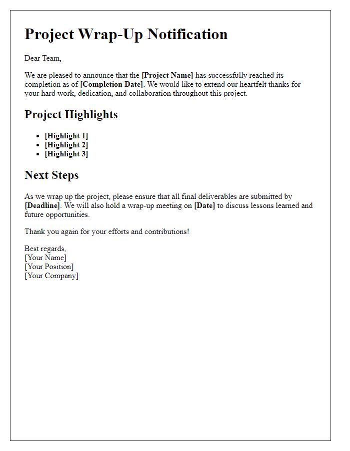 Letter template of tech project wrap-up notification.