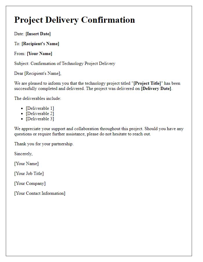 Letter template of technology project delivery confirmation.