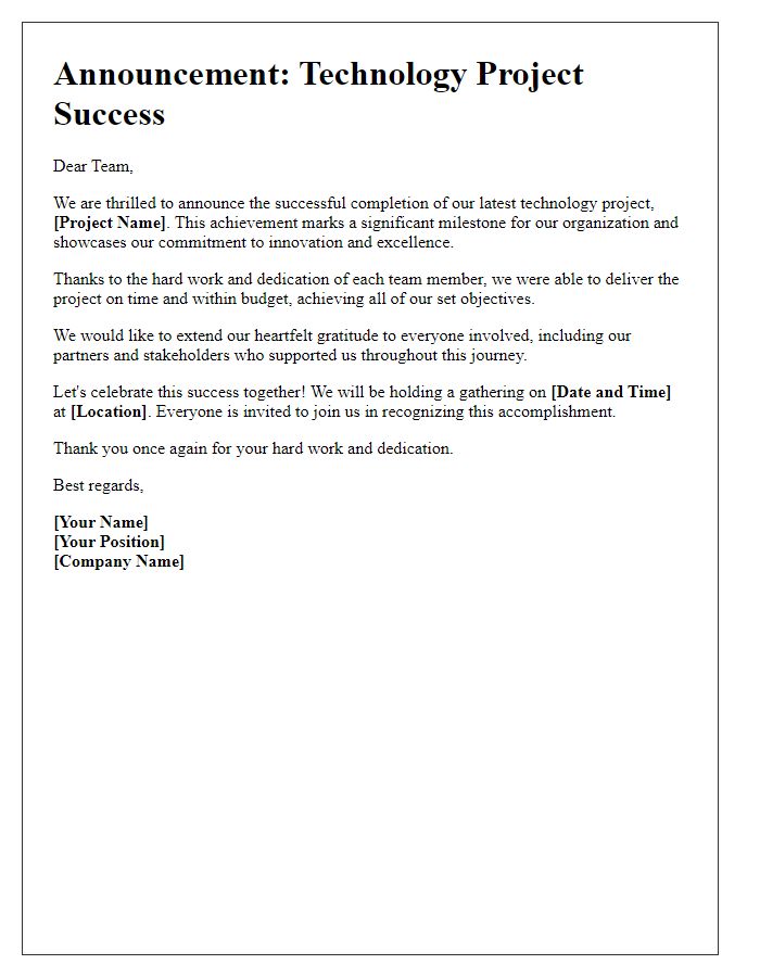 Letter template of technology project success announcement.