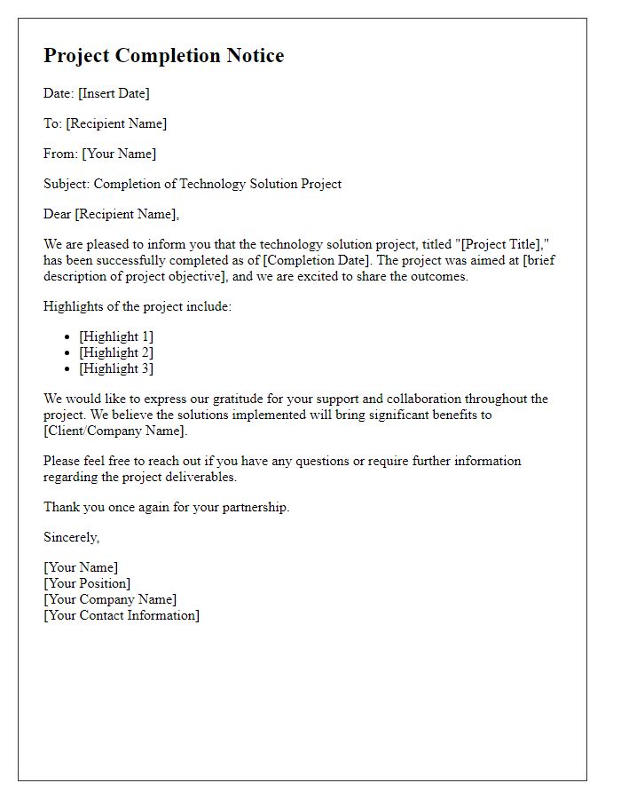 Letter template of technology solution project completion notice.