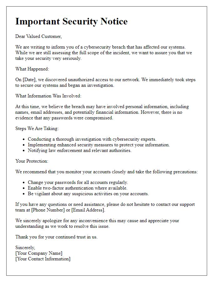 Letter template of cybersecurity breach advisory for customers