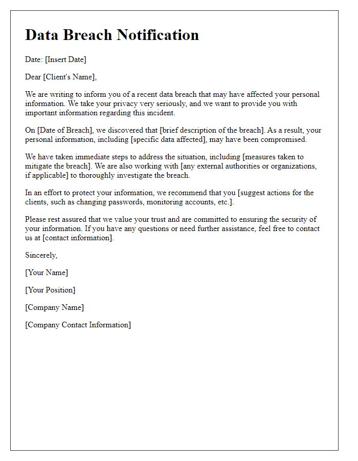 Letter template of data breach notification to affected clients