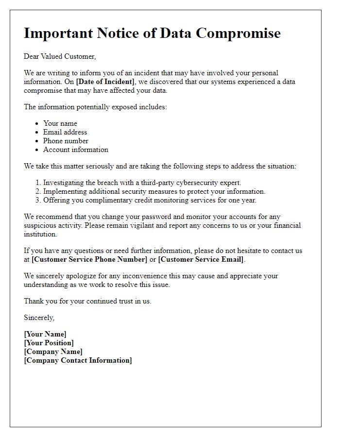 Letter template of data compromise disclosure for customers