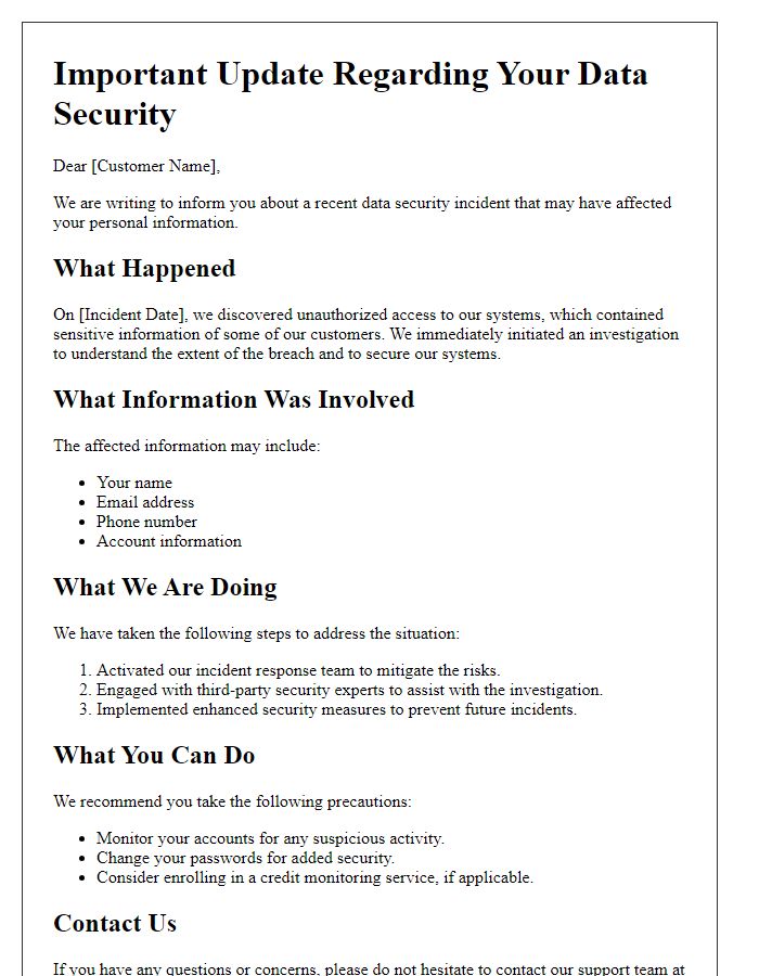 Letter template of data security incident update for customers