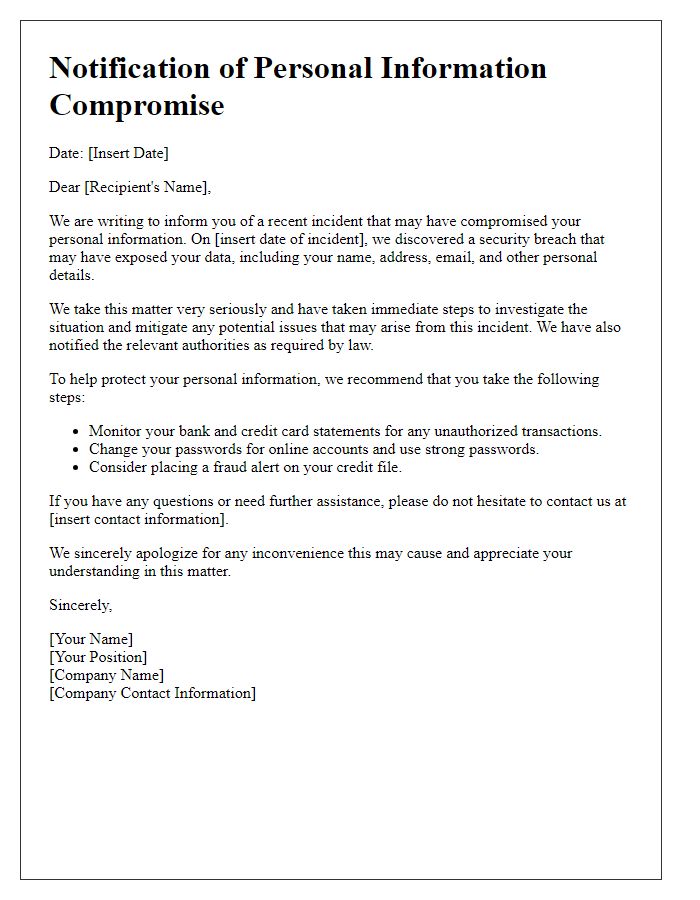 Letter template of personal information compromise notification