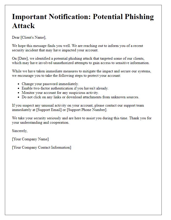 Letter template of phishing attack impact notification for clients