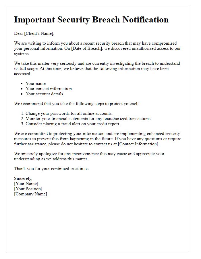 Letter template of security breach announcement to clients