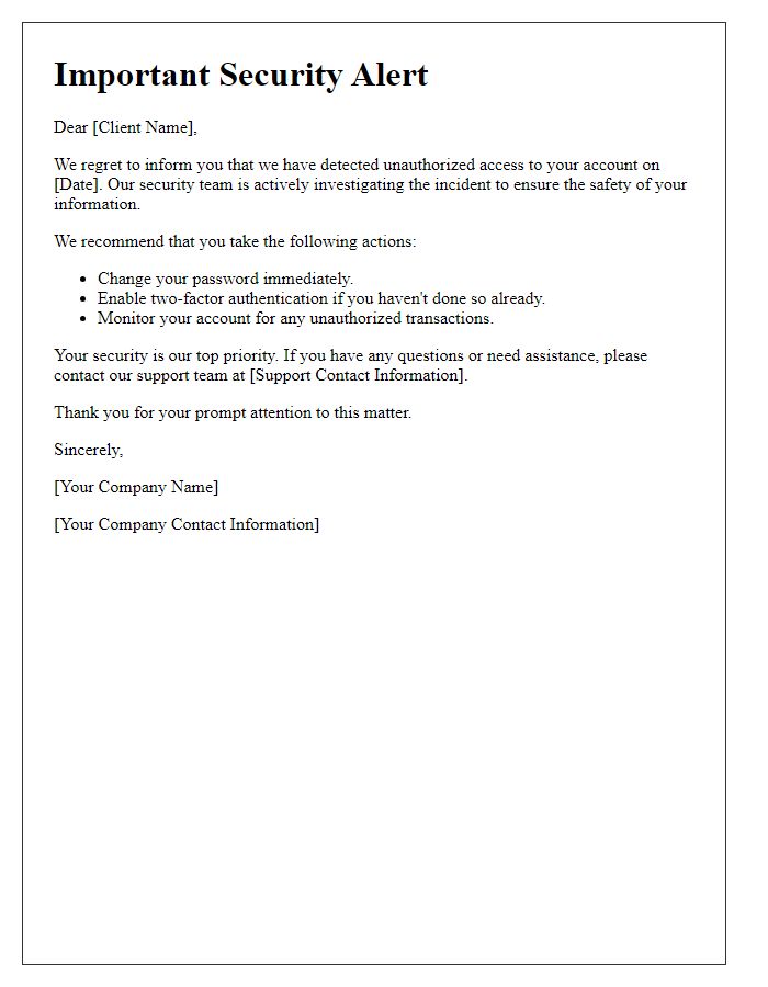 Letter template of unauthorized access alert for clientele