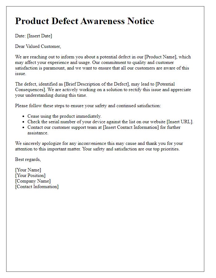 Letter template of tech product defect awareness notice