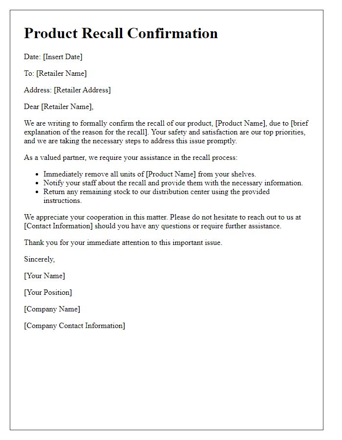 Letter template of tech product recall confirmation to retailers