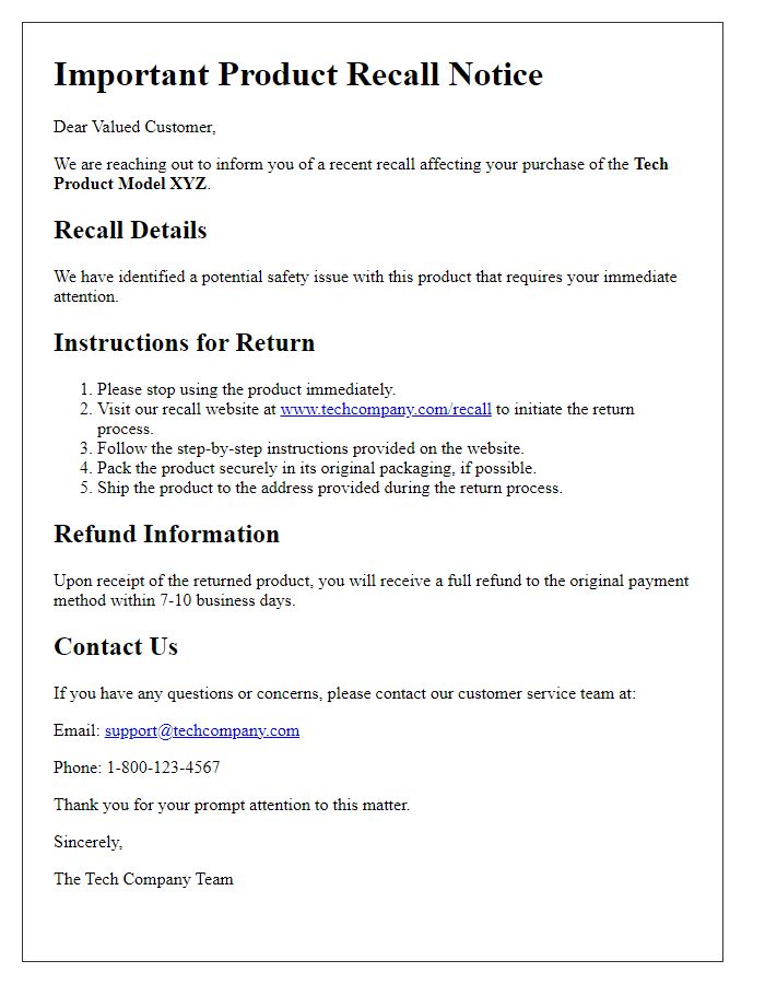 Letter template of tech product recall instructions