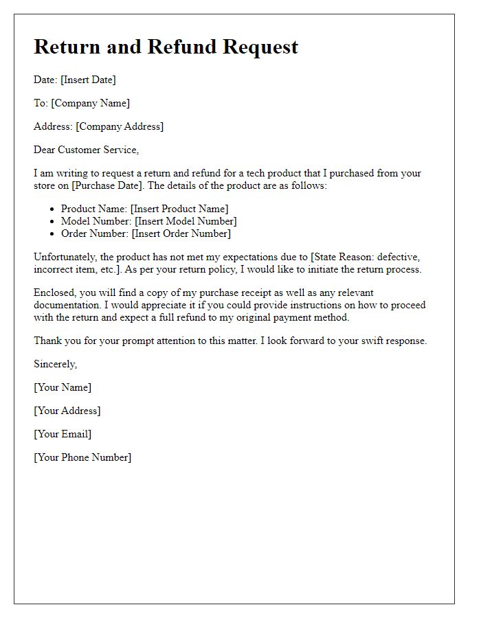 Letter template of tech product return and refund process