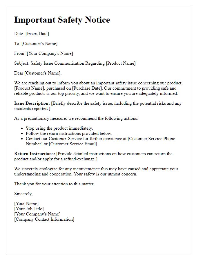 Letter template of tech product safety issue communication