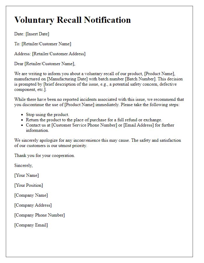 Letter template of voluntary tech product recall notification