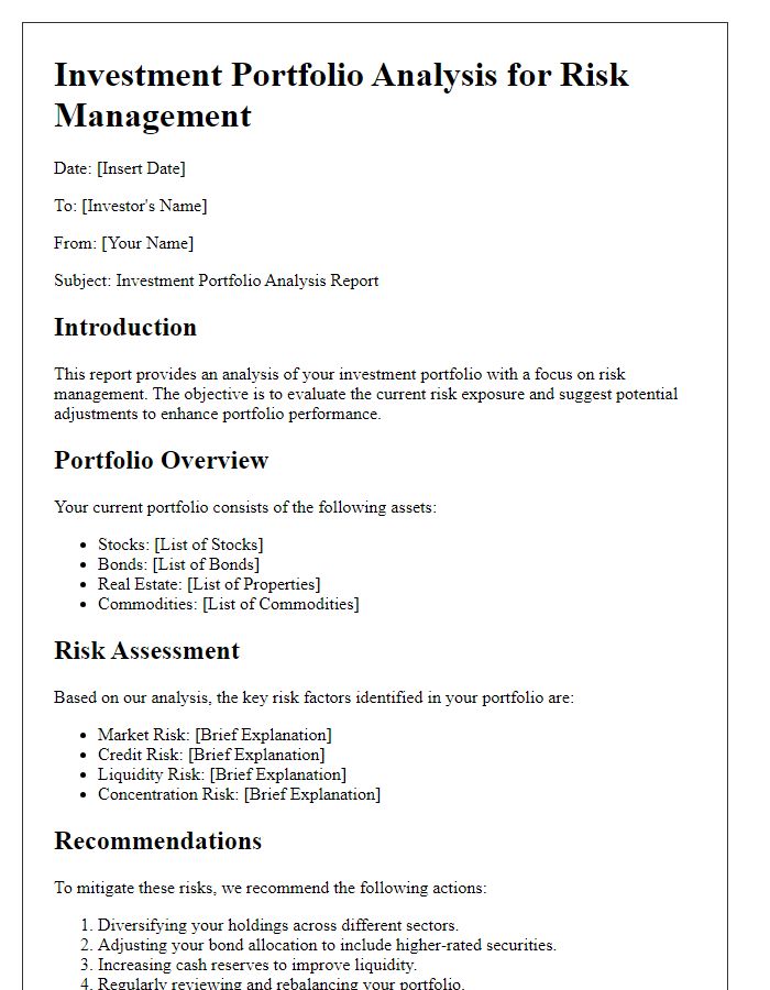 Letter template of investment portfolio analysis for risk management.