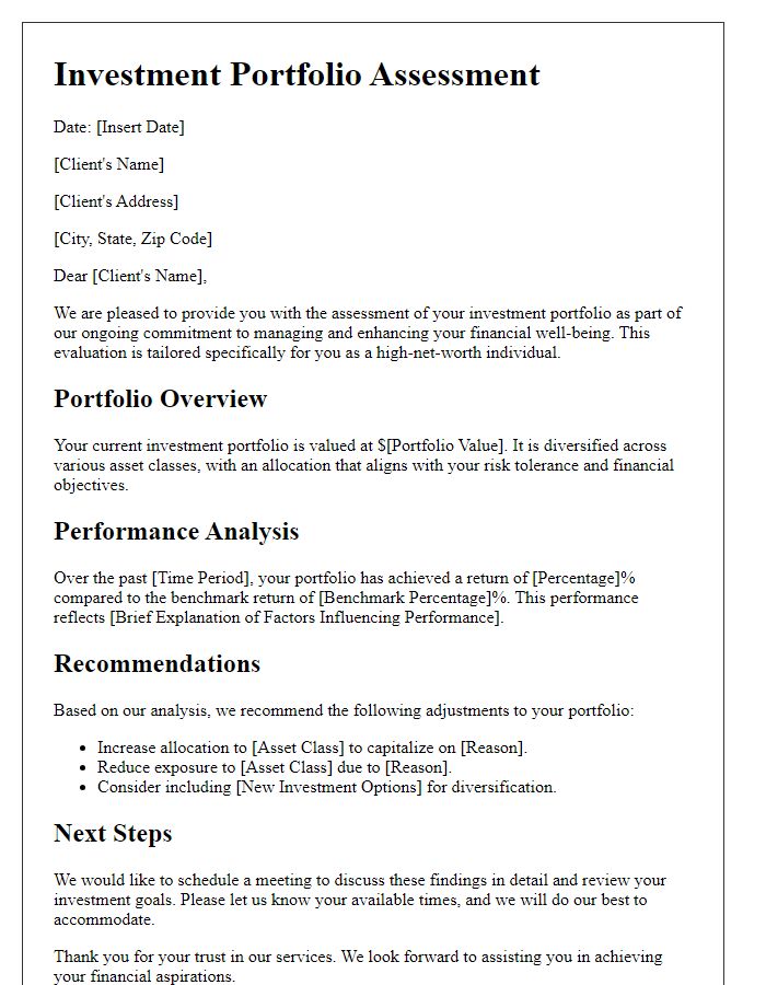 Letter template of investment portfolio assessment for high-net-worth individuals.