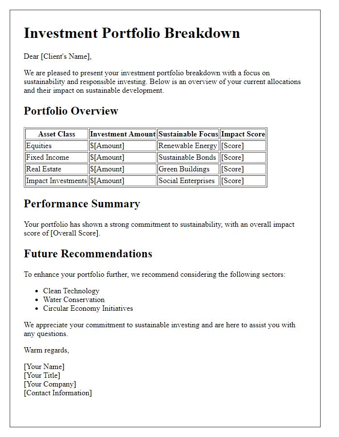 Letter template of investment portfolio breakdown for sustainability-focused clients.