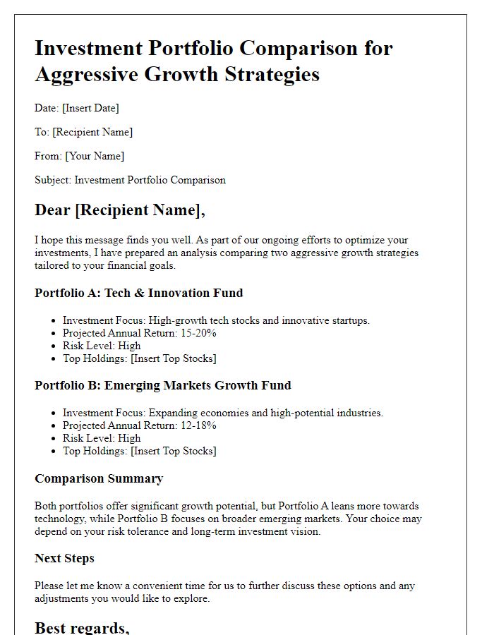 Letter template of investment portfolio comparison for aggressive growth strategies.