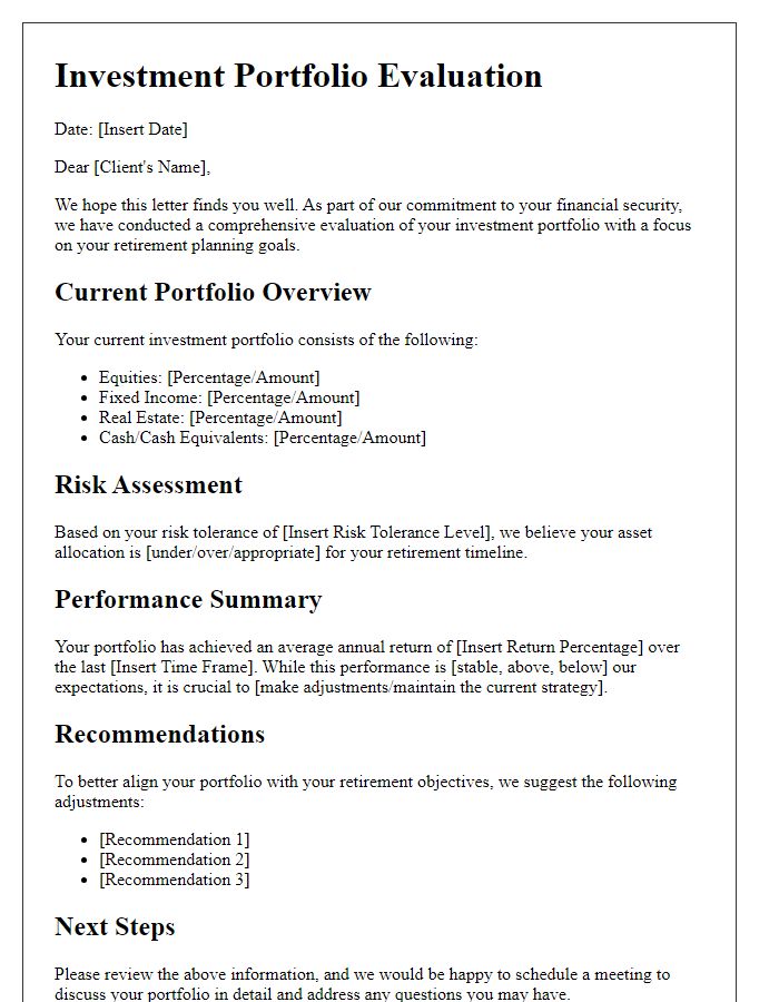 Letter template of investment portfolio evaluation for retirement planning.