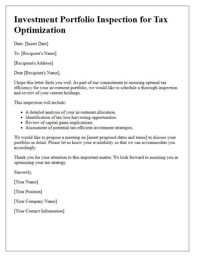 Letter template of investment portfolio inspection for tax optimization.