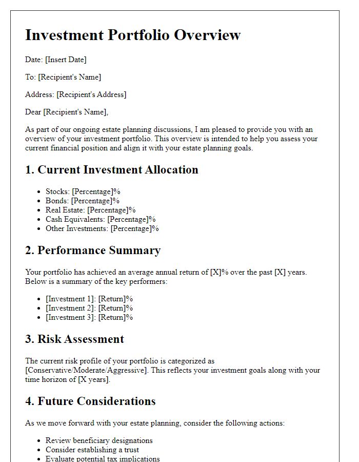 Letter template of investment portfolio overview for estate planning purposes.