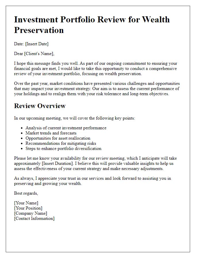 Letter template of investment portfolio review for wealth preservation.