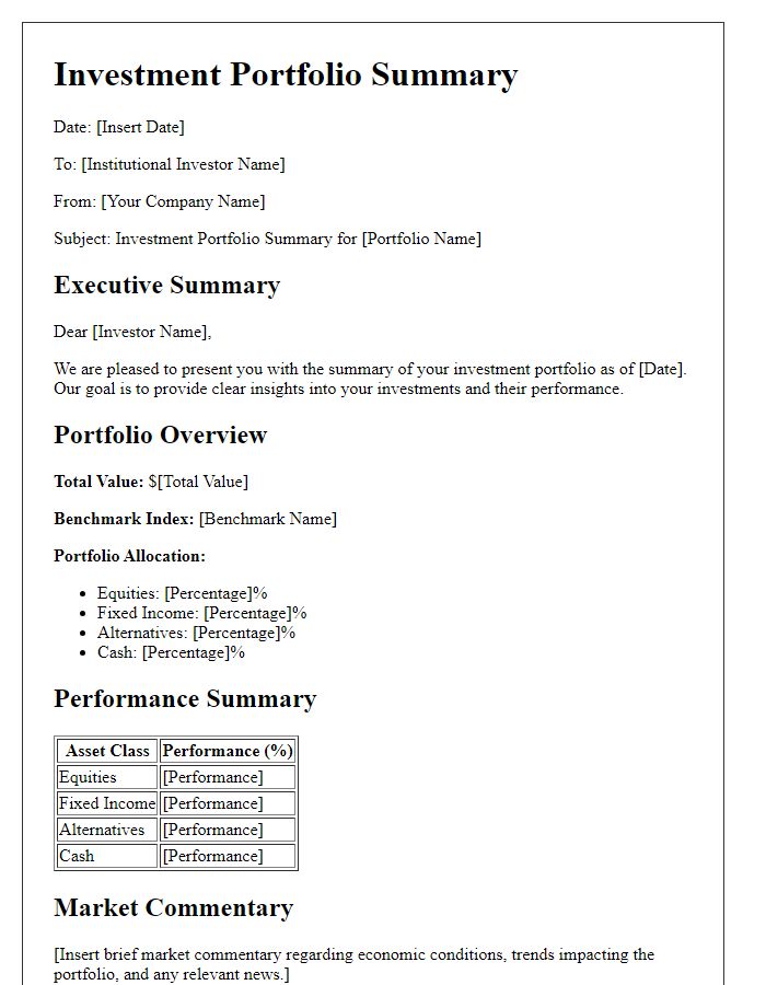 Letter template of investment portfolio summary for institutional investors.