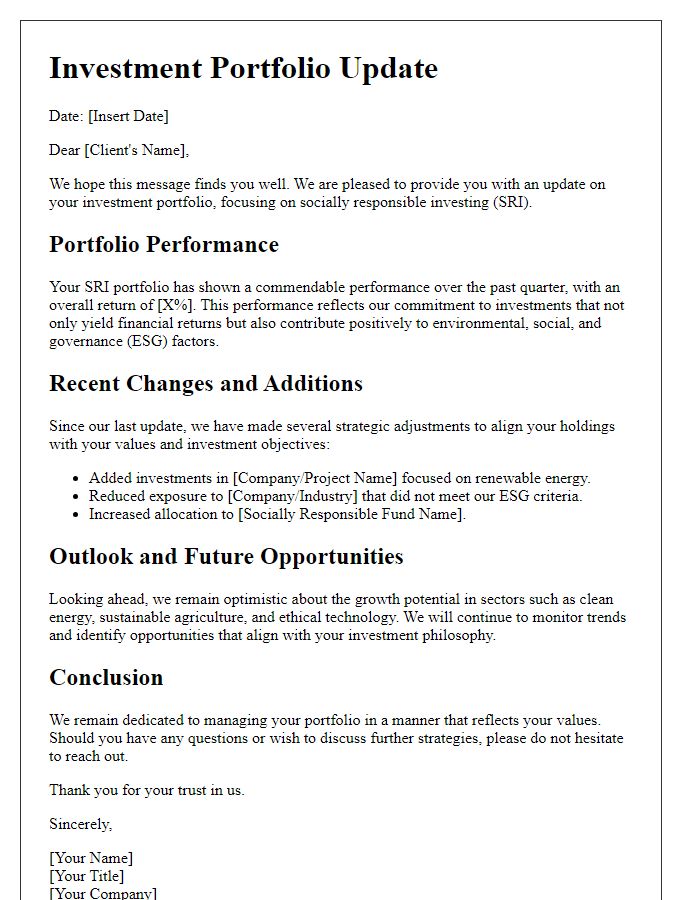 Letter template of investment portfolio update for socially responsible investing.