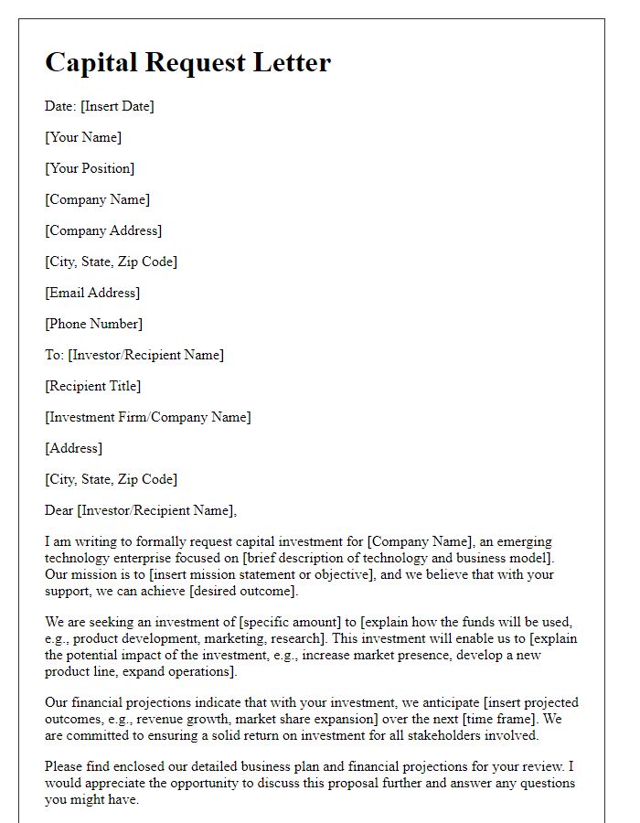 Letter template of capital request for emerging tech enterprise