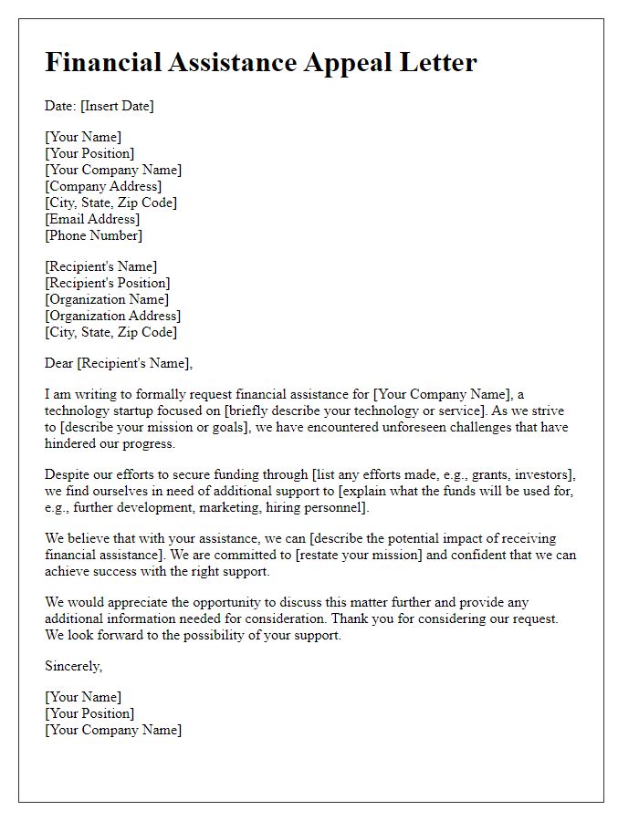 Letter template of financial assistance appeal for technology startup