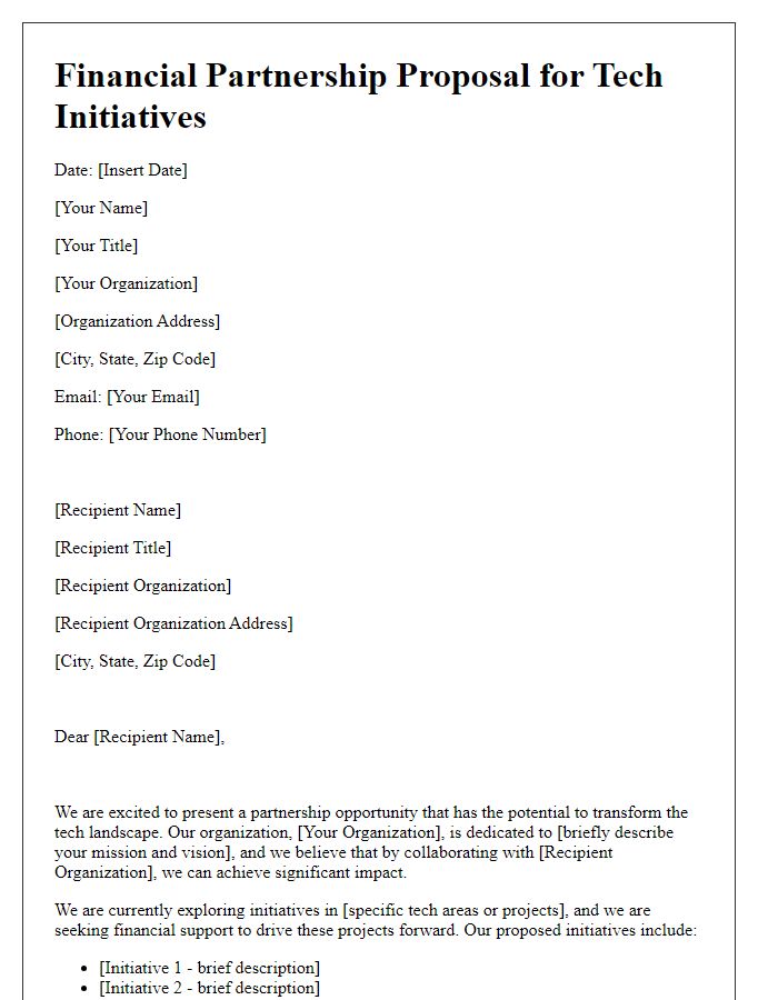 Letter template of financial partnership proposal for tech initiatives