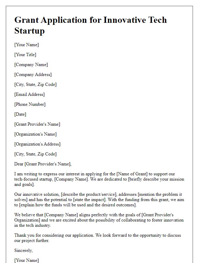 Letter template of grant application for tech-focused startup