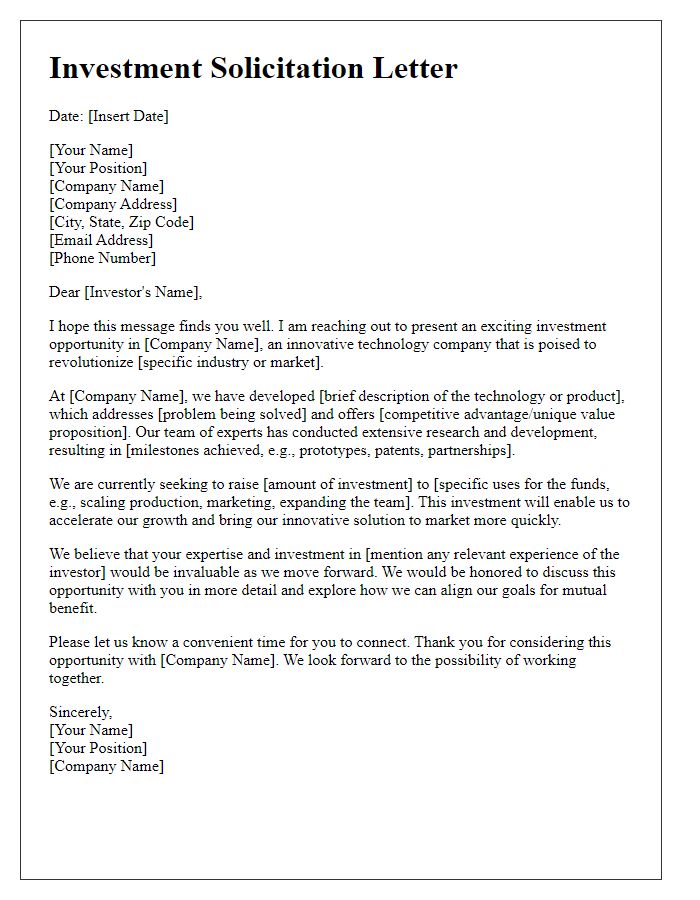 Letter template of investment solicitation for innovative technology company